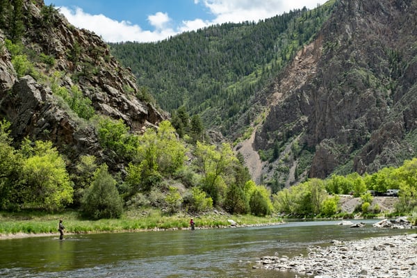 Lone angler fishing in a green mountain river canyon